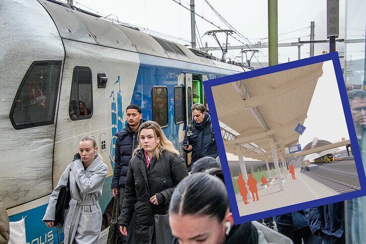 Het perron van het Kamperlijntje in Zwolle wordt overkapt. - Foto: Obbe Bakker/inzet: Studio Nauta